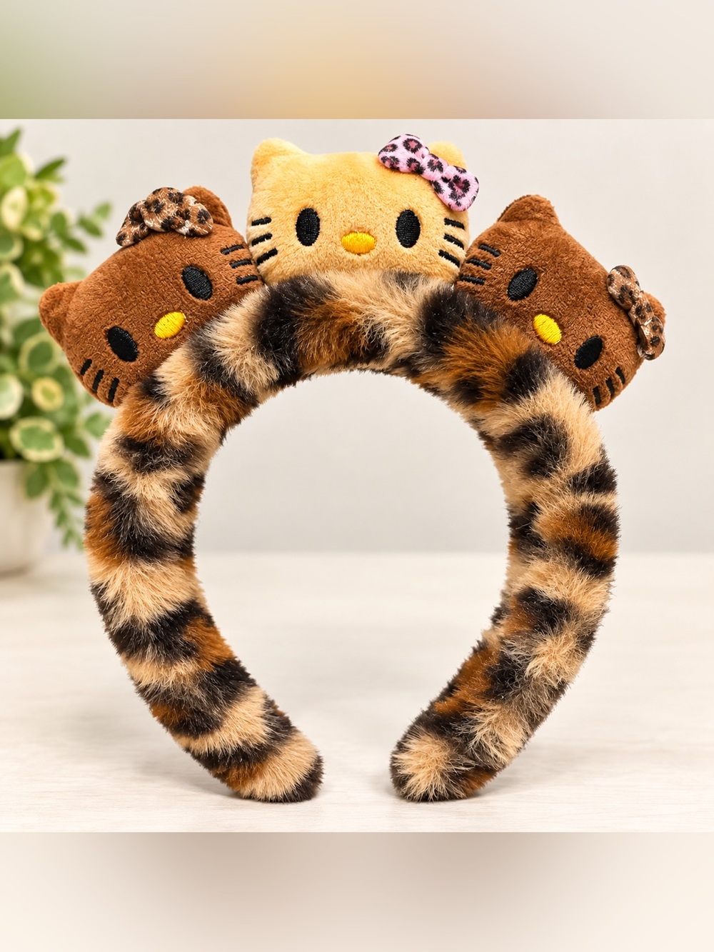 Plush Leopard Cat Headband for adults- Brown & Yellow